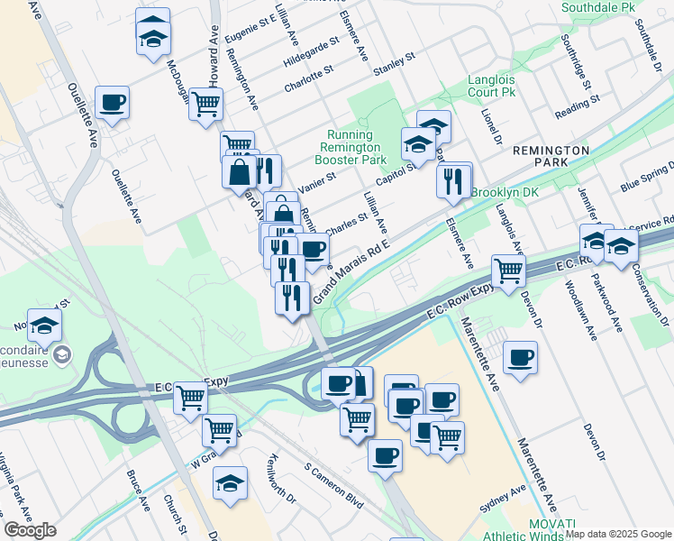 map of restaurants, bars, coffee shops, grocery stores, and more near 610 Grand Marais Road East in Windsor