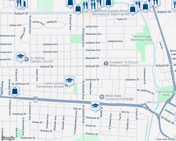 map of restaurants, bars, coffee shops, grocery stores, and more near 438 Oakley Avenue in Rockford