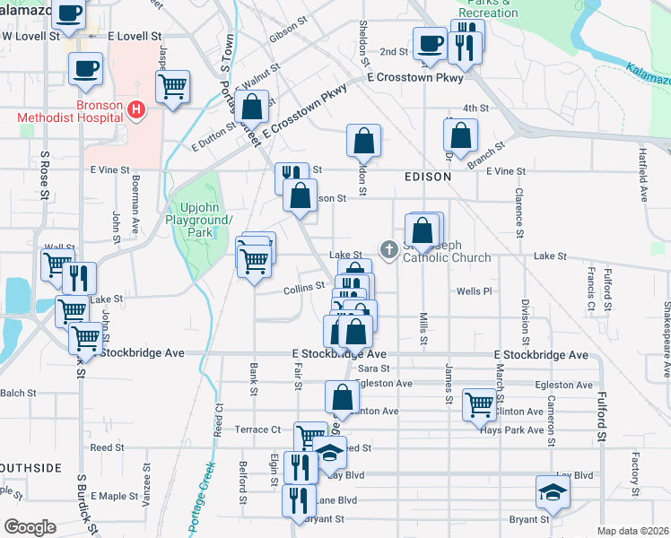 map of restaurants, bars, coffee shops, grocery stores, and more near 810 Lake Street in Kalamazoo