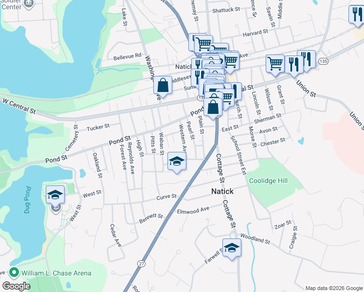 map of restaurants, bars, coffee shops, grocery stores, and more near 15 Western Avenue in Natick