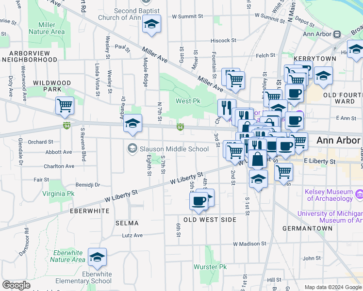 map of restaurants, bars, coffee shops, grocery stores, and more near 805 West Washington Street in Ann Arbor