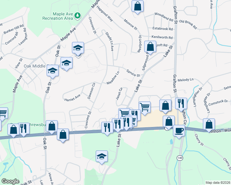 map of restaurants, bars, coffee shops, grocery stores, and more near 44 Janet Circle in Shrewsbury