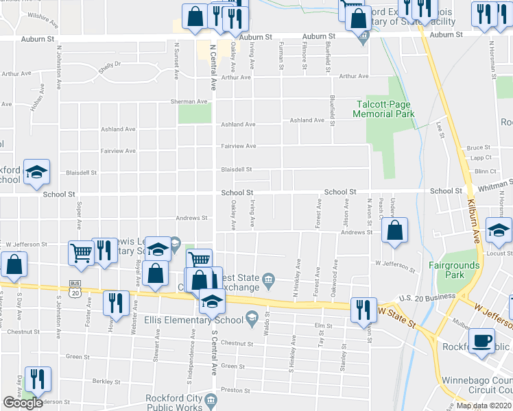 map of restaurants, bars, coffee shops, grocery stores, and more near 437 Irving Avenue in Rockford