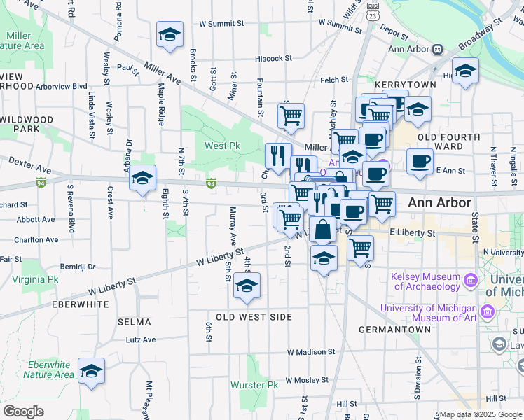 map of restaurants, bars, coffee shops, grocery stores, and more near 202 3rd Street in Ann Arbor