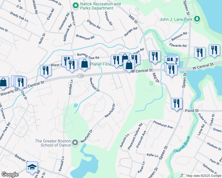 map of restaurants, bars, coffee shops, grocery stores, and more near 5 Prospect Street in Natick