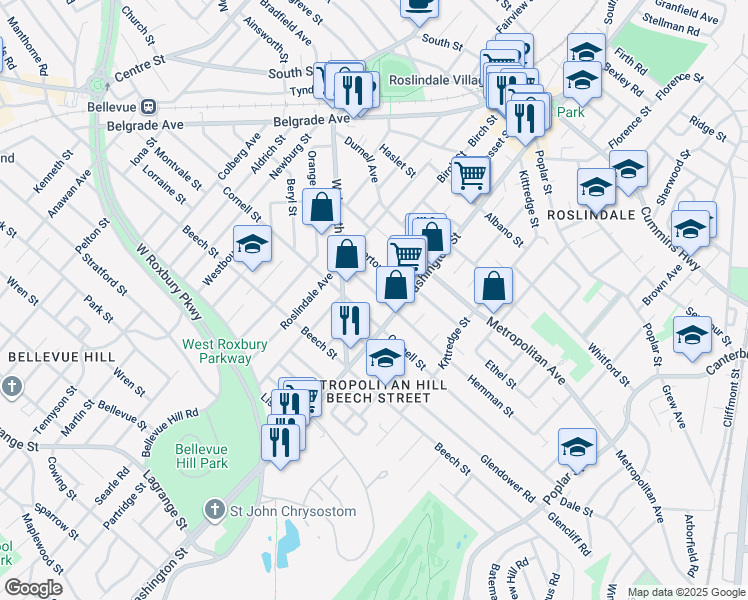 map of restaurants, bars, coffee shops, grocery stores, and more near 41 Wellsmere Road in Boston