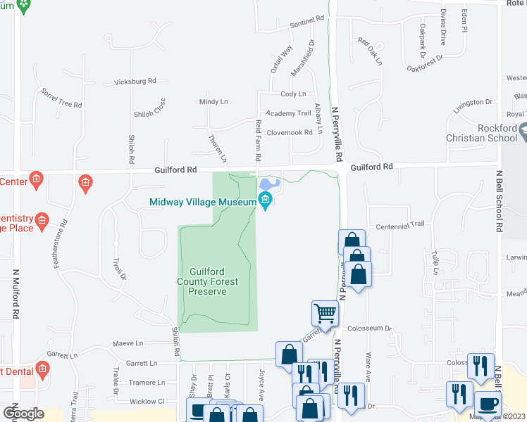 map of restaurants, bars, coffee shops, grocery stores, and more near 6799 Guilford Road in Rockford