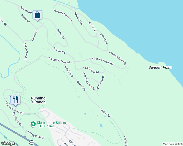 map of restaurants, bars, coffee shops, grocery stores, and more near 6352 Sanderling Road in Klamath Falls