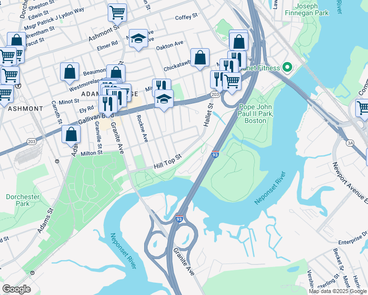 map of restaurants, bars, coffee shops, grocery stores, and more near 21 Hill Top Street in Boston