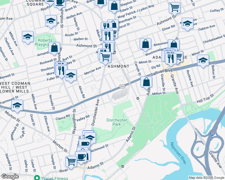 map of restaurants, bars, coffee shops, grocery stores, and more near 341-345 Gallivan Boulevard in Boston