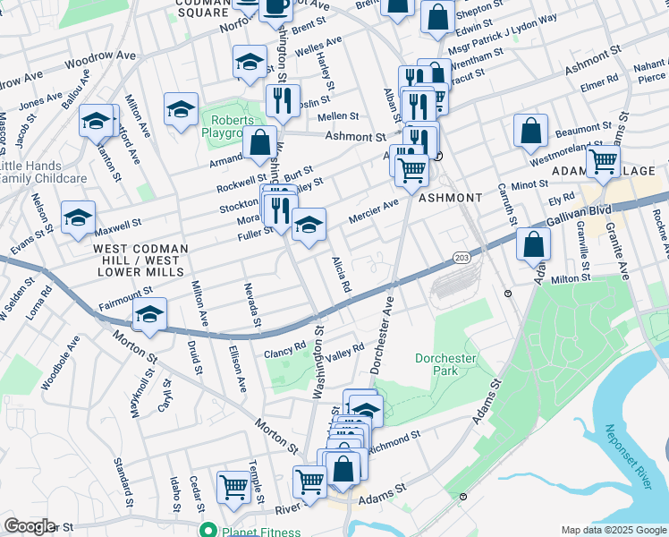map of restaurants, bars, coffee shops, grocery stores, and more near 28 Alicia Road in Boston