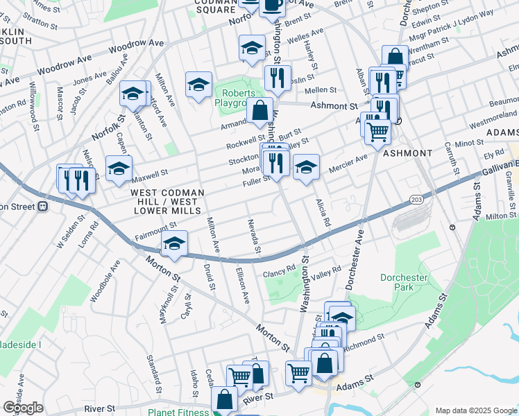 map of restaurants, bars, coffee shops, grocery stores, and more near 35 Nevada Street in Boston
