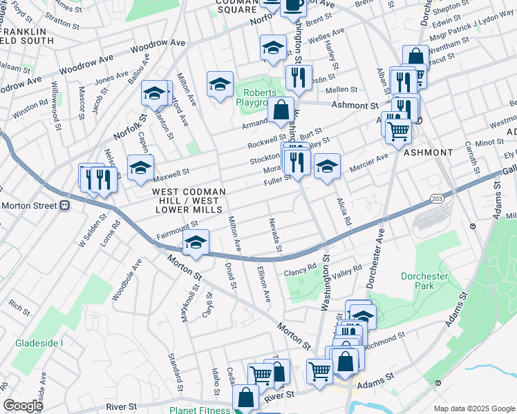 map of restaurants, bars, coffee shops, grocery stores, and more near 35 Nevada Street in Boston