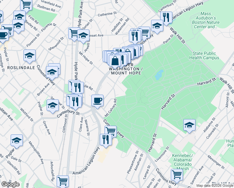 map of restaurants, bars, coffee shops, grocery stores, and more near 16 Mount Calvary Road in Boston