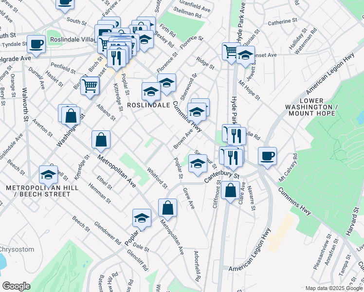 map of restaurants, bars, coffee shops, grocery stores, and more near 17 Brown Avenue in Boston