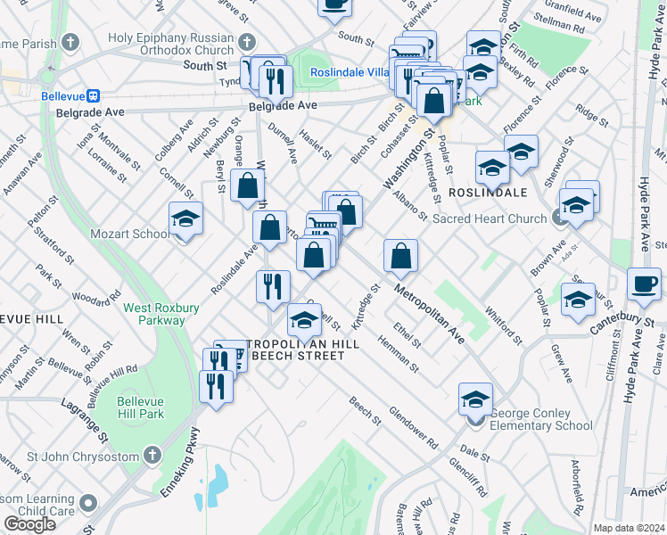 map of restaurants, bars, coffee shops, grocery stores, and more near 4430 Washington Street in Boston