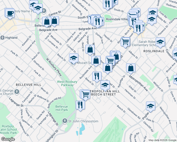 map of restaurants, bars, coffee shops, grocery stores, and more near 227 Roslindale Avenue in Boston