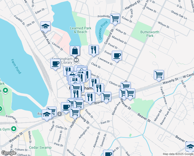 map of restaurants, bars, coffee shops, grocery stores, and more near 47 Clinton Street in Framingham