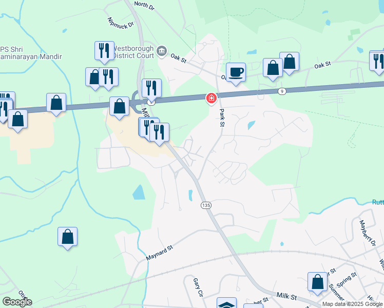 map of restaurants, bars, coffee shops, grocery stores, and more near 149 Milk Street in Westborough