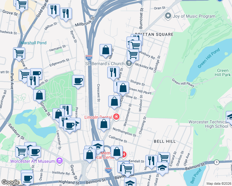 map of restaurants, bars, coffee shops, grocery stores, and more near 43 Paine Street in Worcester