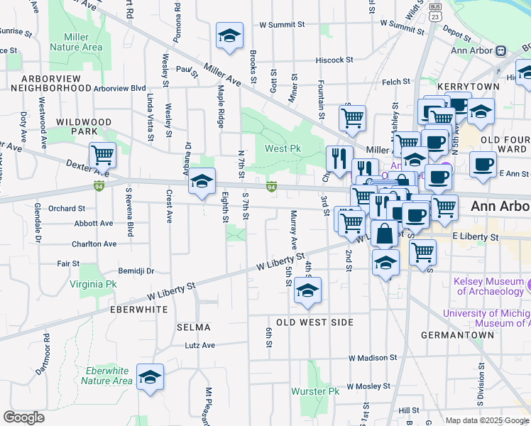 map of restaurants, bars, coffee shops, grocery stores, and more near 805 West Washington Street in Ann Arbor