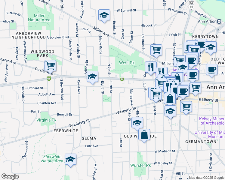 map of restaurants, bars, coffee shops, grocery stores, and more near 207 South 7th Street in Ann Arbor