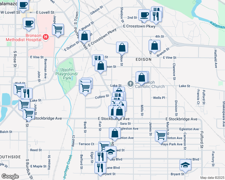 map of restaurants, bars, coffee shops, grocery stores, and more near 810 Lake Street in Kalamazoo