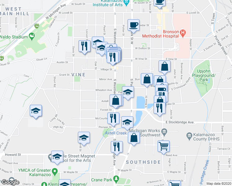 map of restaurants, bars, coffee shops, grocery stores, and more near 1108 South Westnedge Avenue in Kalamazoo