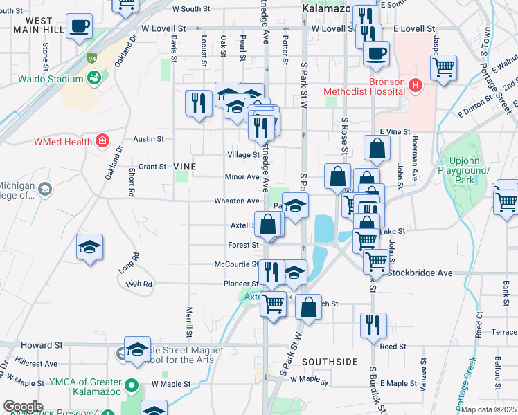 map of restaurants, bars, coffee shops, grocery stores, and more near 1108 South Westnedge Avenue in Kalamazoo