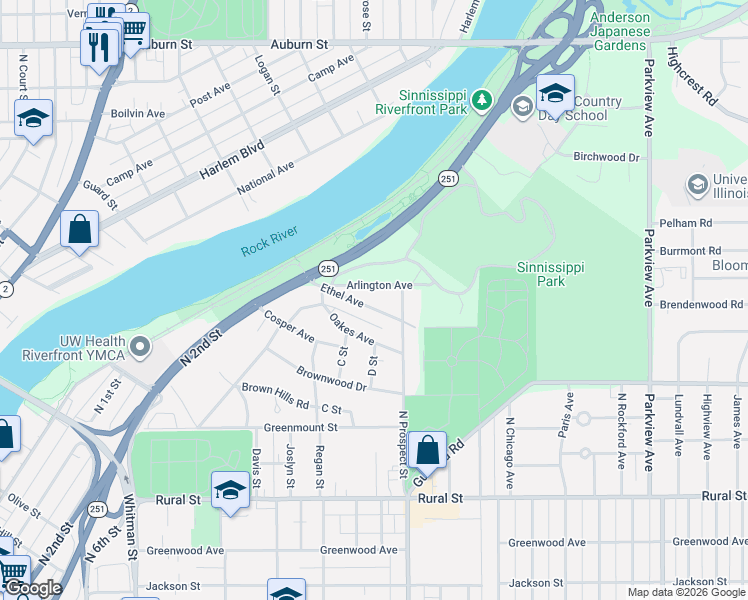 map of restaurants, bars, coffee shops, grocery stores, and more near 1636 Ethel Avenue in Rockford