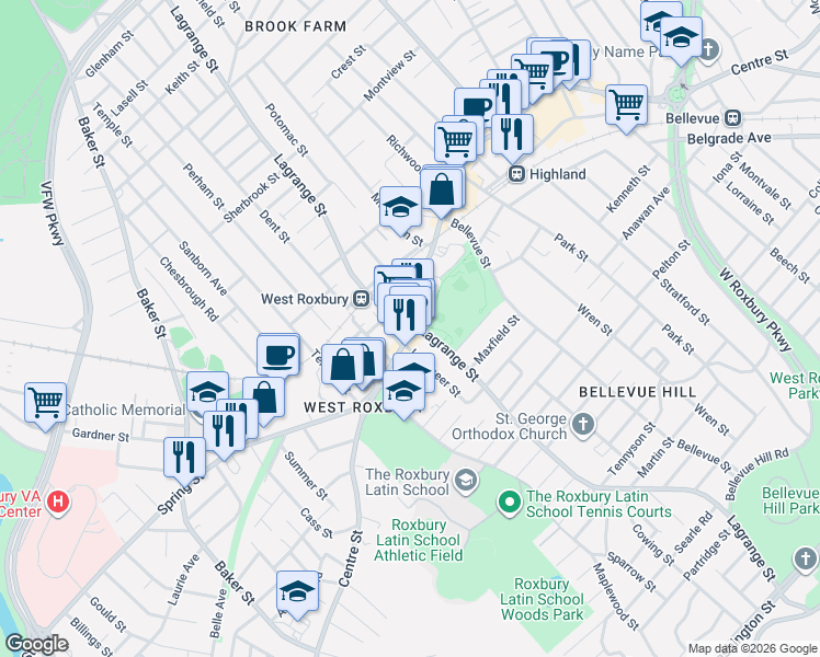 map of restaurants, bars, coffee shops, grocery stores, and more near Centre Street in Boston