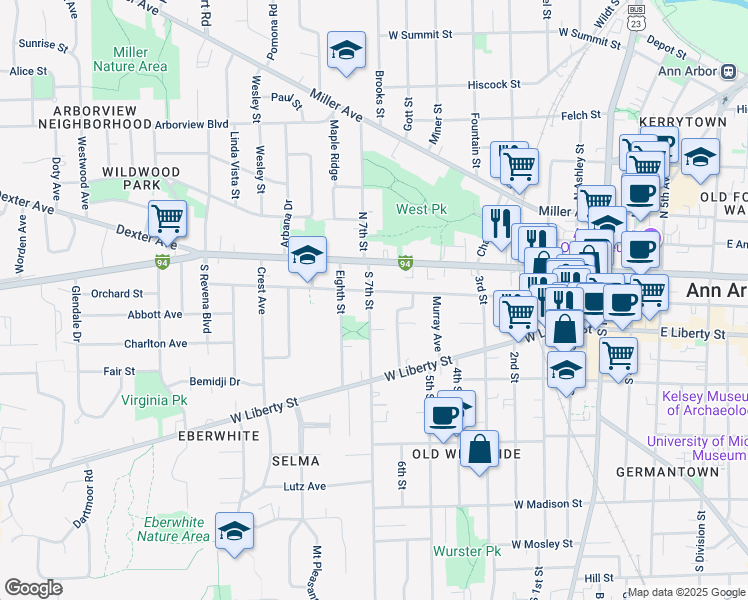 map of restaurants, bars, coffee shops, grocery stores, and more near 207 South 7th Street in Ann Arbor