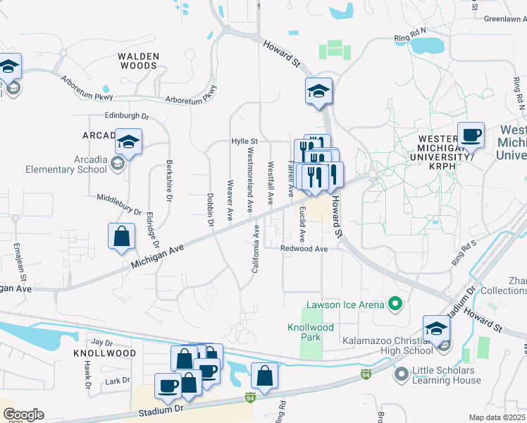map of restaurants, bars, coffee shops, grocery stores, and more near 3012 Michigan Avenue in Kalamazoo