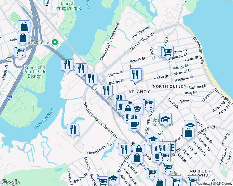 map of restaurants, bars, coffee shops, grocery stores, and more near 68 Sagamore Street in Quincy
