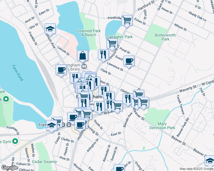 map of restaurants, bars, coffee shops, grocery stores, and more near 47 Clinton Street in Framingham