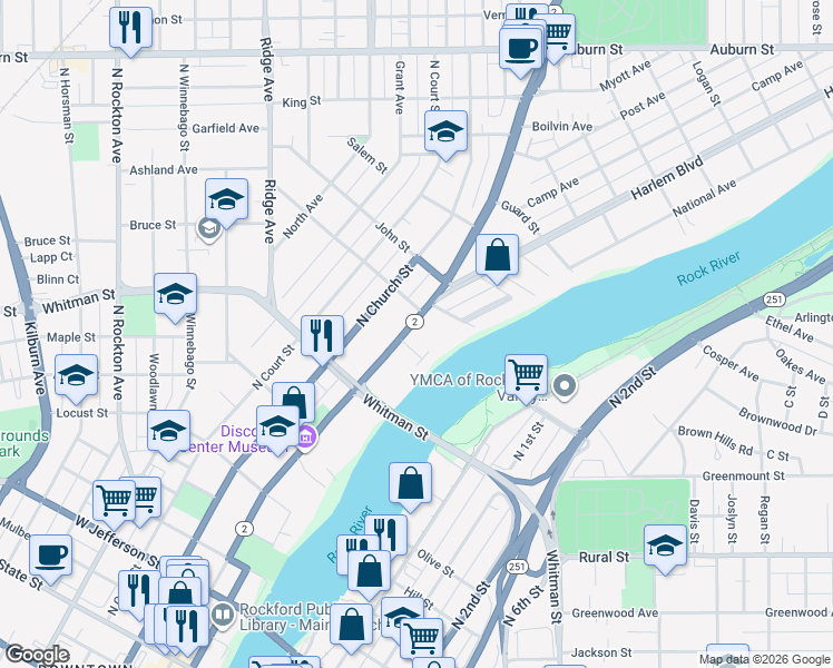 map of restaurants, bars, coffee shops, grocery stores, and more near 975 North Main Street in Rockford