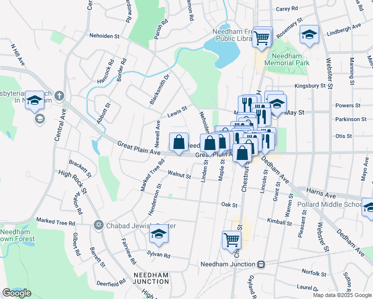 map of restaurants, bars, coffee shops, grocery stores, and more near 83 Marshall Street in Needham