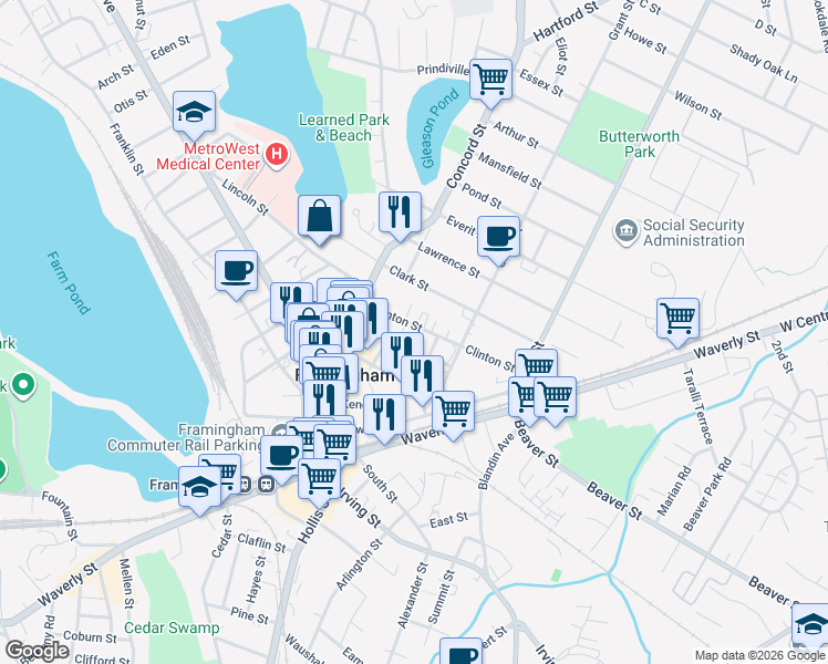 map of restaurants, bars, coffee shops, grocery stores, and more near 47 Clinton Street in Framingham