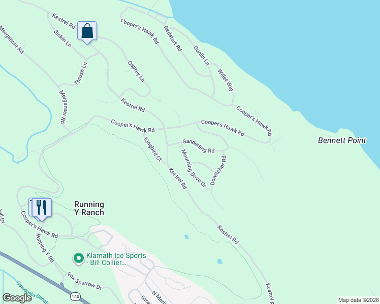 map of restaurants, bars, coffee shops, grocery stores, and more near 10247 Mourning Dove Drive in Klamath Falls