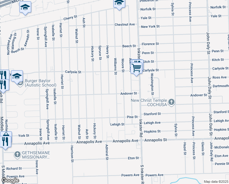map of restaurants, bars, coffee shops, grocery stores, and more near 3940 Williams Street in Inkster
