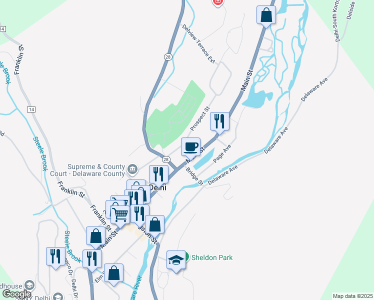 map of restaurants, bars, coffee shops, grocery stores, and more near 27 Orchard Street in Delhi