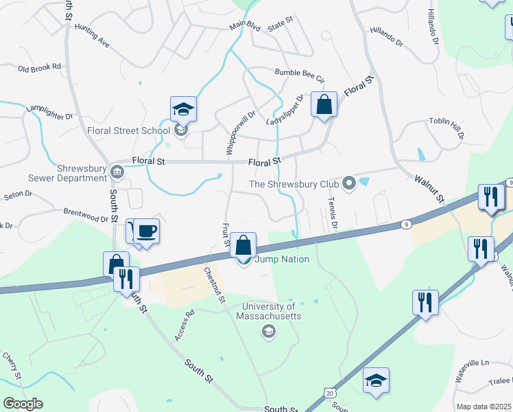 map of restaurants, bars, coffee shops, grocery stores, and more near 7312 Arbor Drive in Shrewsbury