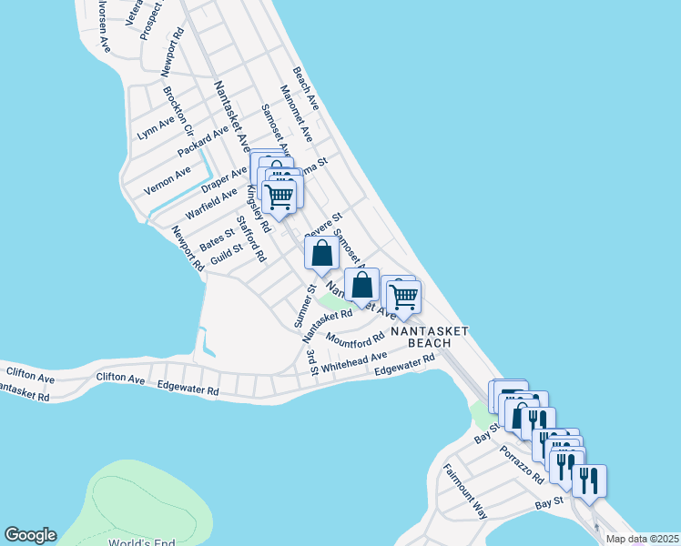 map of restaurants, bars, coffee shops, grocery stores, and more near 5a Massasoit Avenue in Hull