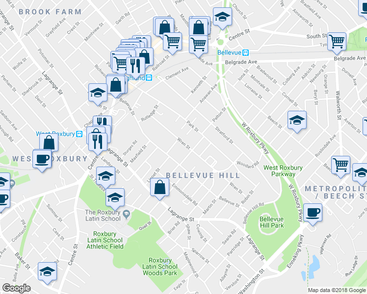map of restaurants, bars, coffee shops, grocery stores, and more near 65 Wren Street in Boston
