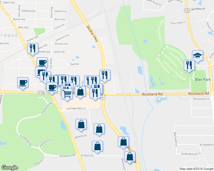 map of restaurants, bars, coffee shops, grocery stores, and more near 28801 Skokie Highway in Lake Bluff