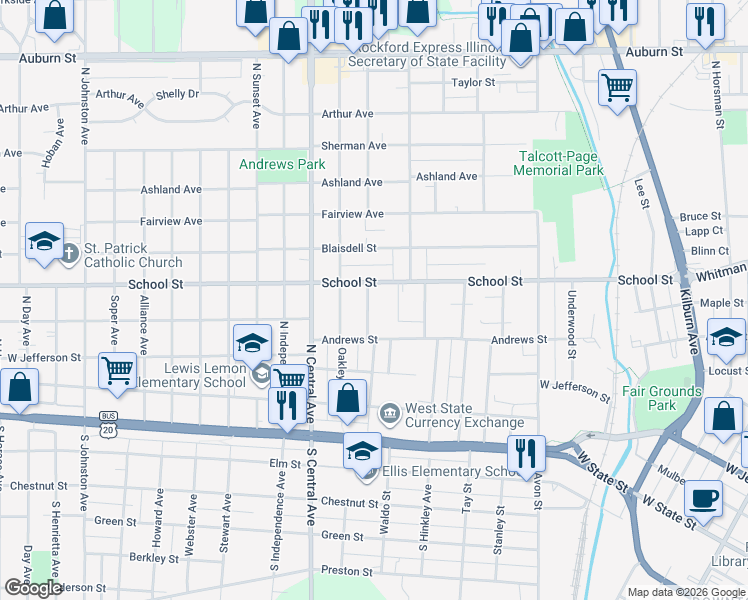 map of restaurants, bars, coffee shops, grocery stores, and more near 437 Irving Avenue in Rockford