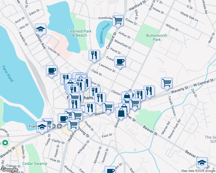 map of restaurants, bars, coffee shops, grocery stores, and more near 76 Clinton Street in Framingham