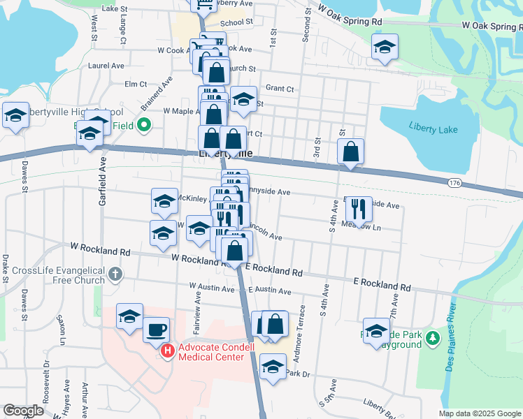 map of restaurants, bars, coffee shops, grocery stores, and more near 226 Prairie Avenue in Libertyville