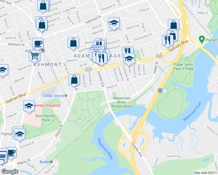 map of restaurants, bars, coffee shops, grocery stores, and more near Milton Street in Boston