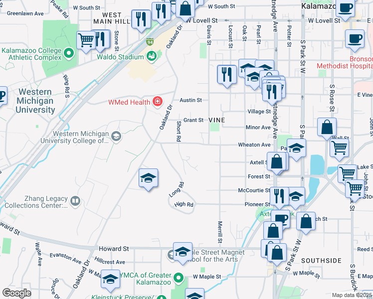 map of restaurants, bars, coffee shops, grocery stores, and more near 1111 Short Road in Kalamazoo